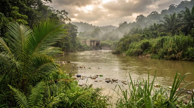 Tropical River Flowing Through a Dense Rainforest Landscape at Sunset