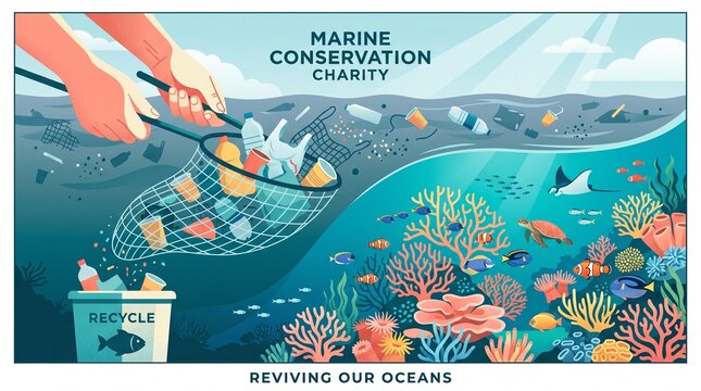 Vector illustration of hands scooping up plastic pollution to protect a vibrant coral reef, marine conservation charity and ocean cleanup concept