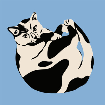Funny cat lying, playing, biting himself. Cute character. Hand drawn trendy Vector illustration. Pet care, animal graphic clipart, feline concept. Sticker, logo, print template. Isolated element