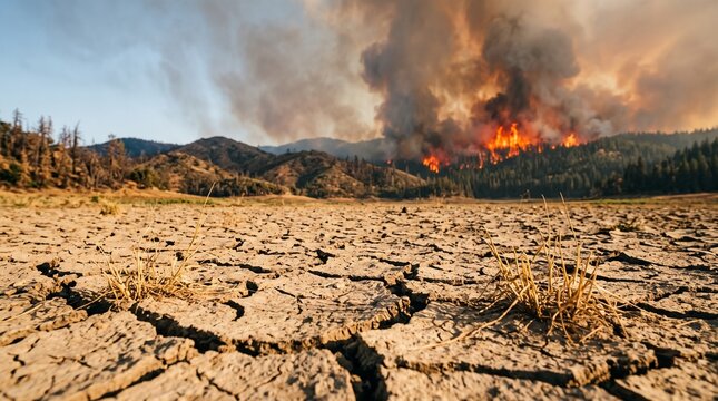Cracked Dry Ground and Burning Forest Wildfire Symbolizing Drought Climate Change Extreme Heat and Environmental Crisis