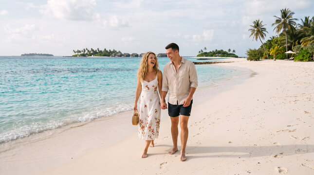 Happy couple walking along a stunning Maldives beach on a sunny day, wearing summer vacation outfits including a white swimsuit, Honeymoon, Valentine's Day, Love You