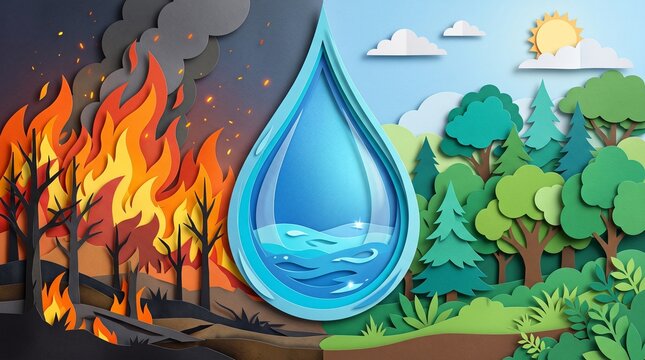 Papercut Water Drop Protecting Forest From Wildfire Symbolizing Fire Prevention and Environmental Conservation