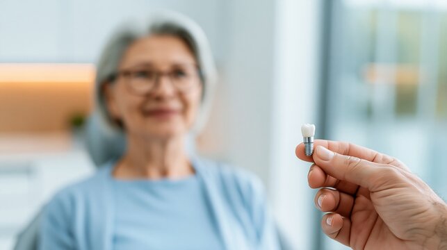 Dental implant held by hand with patient