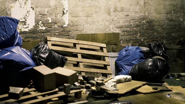 Scattered debris and blue trash bags create a chaotic scene in an abandoned space. Broken pallets and cardboard hint at stories left behind in this forgotten urban setting.