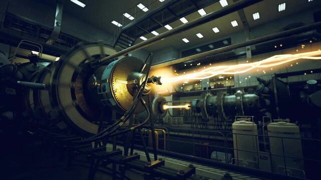 Long accelerator interior with visible beam arcing through vacuum tube, maintenance gantries and control cabinets lining perimeter, dramatic industrial lighting