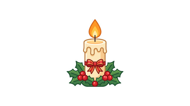 Christmas candle with red bow and holly leaves vector illustration