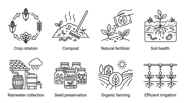 Sustainable agriculture practices illustrated through black and white line art vector icons for modern farming design