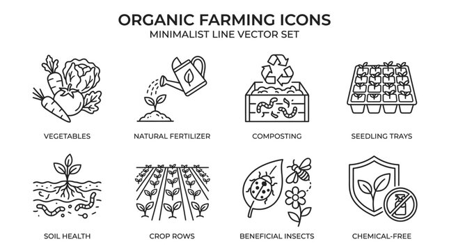 Organic farming vector icon set featuring minimalist black line designs for agricultural projects and websites