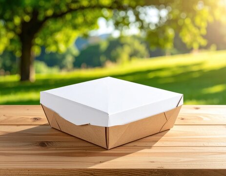 Blank cardboard food box on rustic wooden table, takeaway packaging for fast food, picnic lunch or catering delivery display