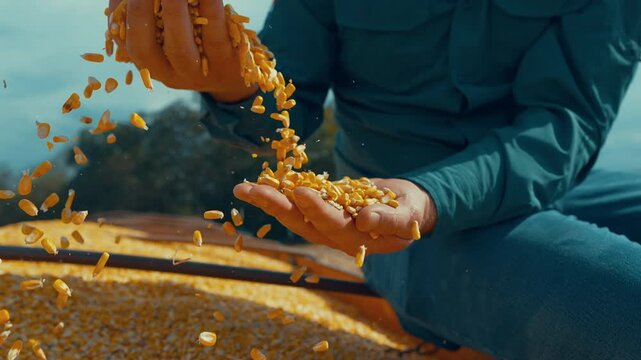Extreme close up of dry yellow corn kernels falling between farmer hands in mid air over a full grain trailer at golden hour