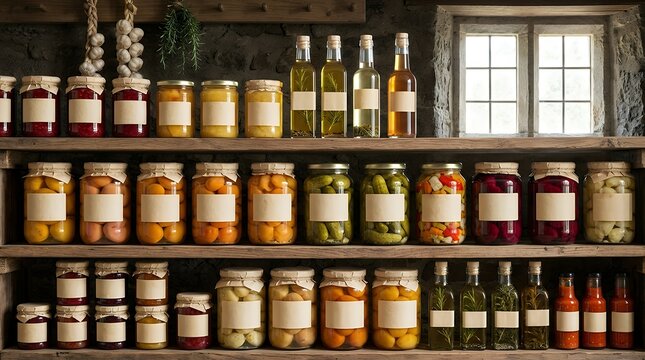 Vertical view of assorted glass containers containing preserved goods arranged on shelves in a rustic larder against a dim setting.  canning jars pantry shelves dark background farmhouse food