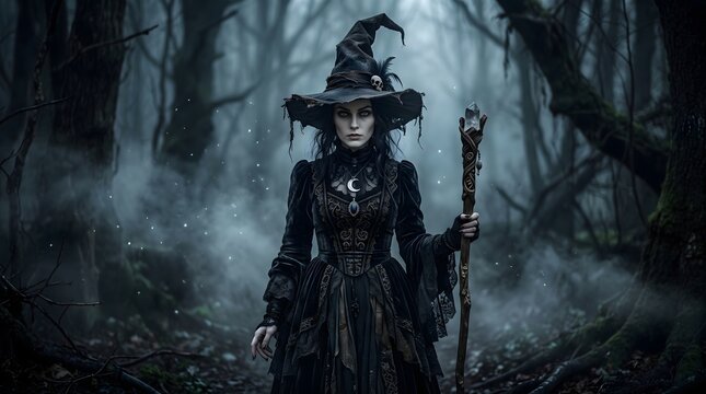 Mysterious witch in a dark enchanted forest holding a magical staff with fog and spooky atmosphere