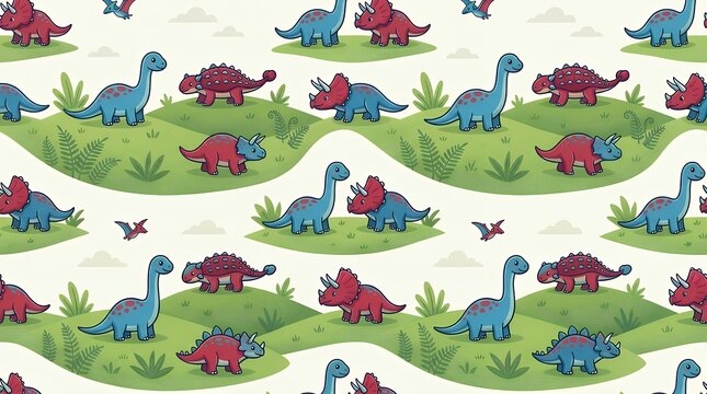 Adorable prehistoric reptiles in shades of cerulean and crimson wandering across verdant hills under a clean backdrop forming a continuous design.  dinosaur blue red cartoon cute grass