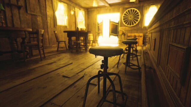 Golden lit empty tavern interior stool foreground, sundrenched wheel on wall, worn wooden floorboards, warm lamp glow, scattered chairs and vintage table