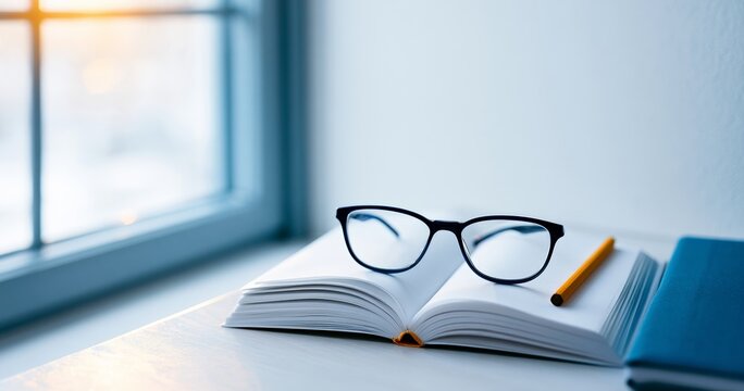 Reading glasses on open book by window