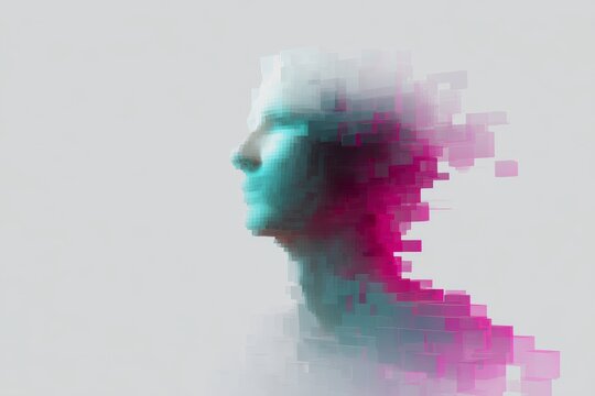 Abstract voxel head in cyan and magenta with pixelated blocks and fragmented profile for poster and background design