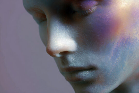 Iridescent portrait bust of a face with subtle pearlescent skin tones for portrait background and beauty design use