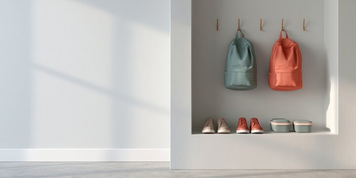 Minimalist entryway with backpacks and shoes