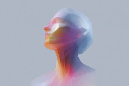 Faceted prism low poly human head in spectrum gradient with rim light for abstract portrait background