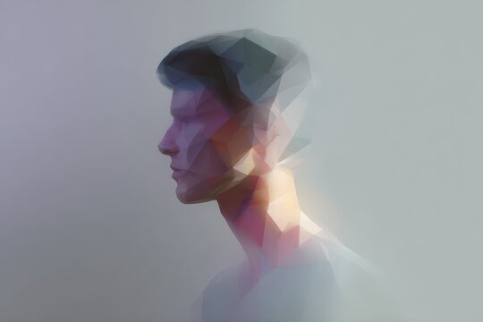 Low poly faceted portrait of a human head with prism spectrum lighting for futuristic avatar and profile background design