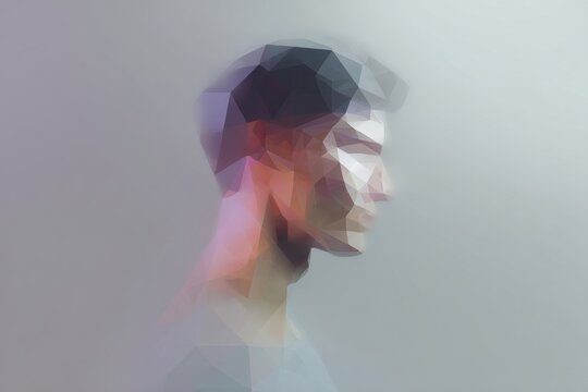 Faceted prism low poly human profile portrait with geometric gradient tones for poster and editorial design
