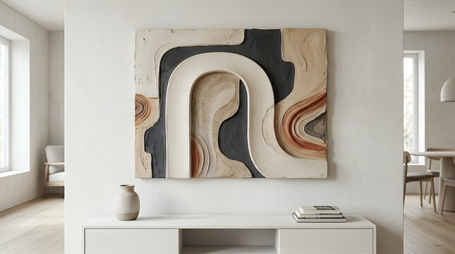 Contemporary non-objective simple structural artwork presenting a smooth portal form rendered in muted mud pigments neutral cream clay and charcoal irregular silhouettes inspired by retro Nordic