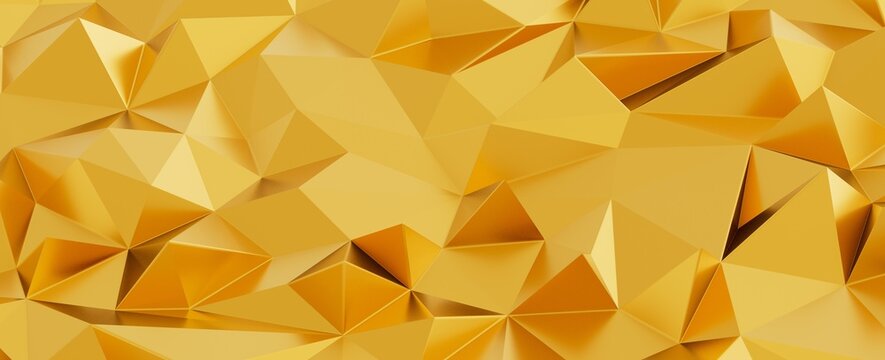 Luxurious golden geometric background with faceted polygons and light reflections.