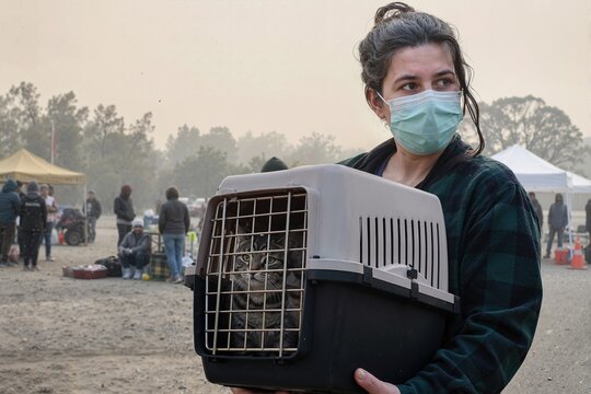 Woman in face mask carrying cat in pet carrier during wildfire evacuation. Natural disaster rescue with heavy smoke background