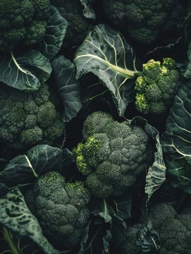 A luxuriant arrangement of vibrant green broccoli florets, their intricate patterns and textures creating a visually captivating study in natural forms.