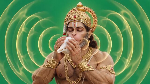 Hanuman Blowing Conch Shell on Green Screen Mythological Character