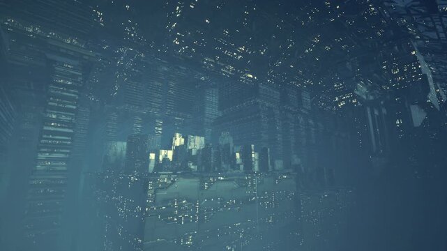 Vast cavern metropolis with distant glow, suspended architectural blocks, monumental columns and twinkling lights forming uncanny vertical landscape