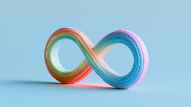 A soft clay render shows a rainbow infinity symbol glowing gently. The design is minimal and visually engaging, set against a powder blue backdrop.