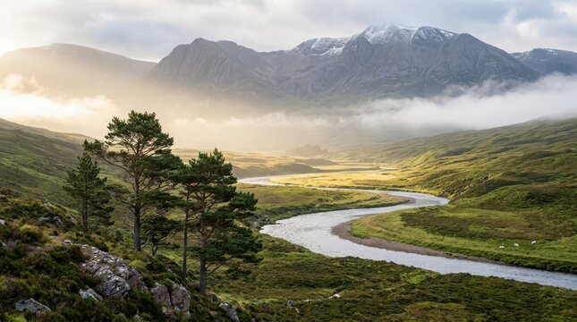 Scenic mountain valley landscape with a winding river at sunrise in the Scottish Highlands.