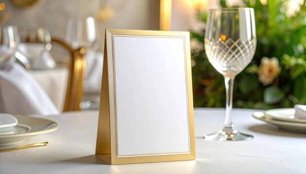 Empty vertical gold table tent card template for luxury restaurant menu or place setting, dining event mockup
