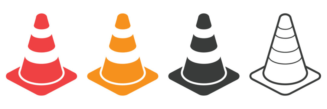 traffic cone icon set, road safety symbols, construction zone warning signs, hazard caution, roadwork barriers, traffic control, safety equipment, vector collection.

