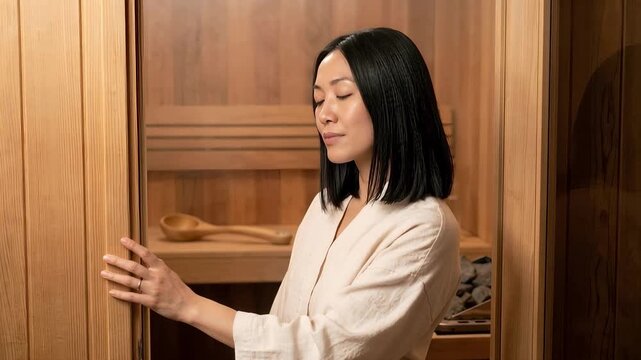 Asian woman relaxing at wooden sauna door, wellness lifestyle and stress relief