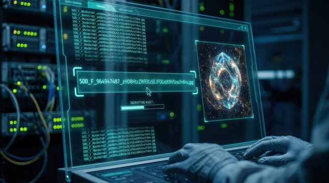 Cyber security expert monitoring digital data stream on a futuristic transparent interface.
