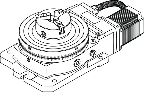 Technical line art illustration of a motorized rotary table with a three jaw chuck.