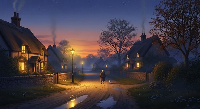 Village street sunset scene