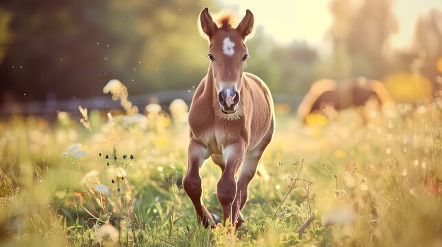 Happy foal playing in the field in summer