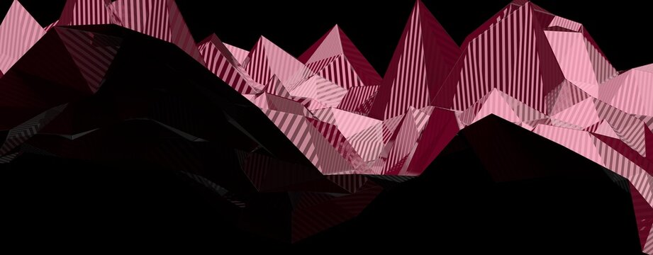 Surreal polygonal landscape in shades of pink and burgundy with dramatic dark shadows