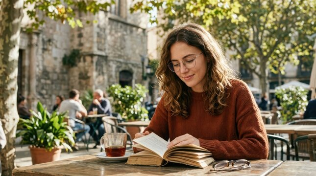 Young woman reading a book at an outdoor cafe table in autumn
