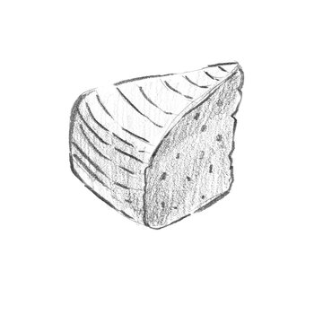 Pencil sketch of a triangle wedge of sheep cheese with a porous texture and rind. Ideal for cheese board branding, gourmet food packaging, and farmhouse culinary art.