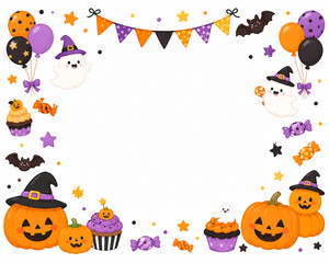 ハロウィンイラストフレーム｜かわいいパンプキン・おばけ・コウモリの秋の装飾デザイン © 智恵 佐々木