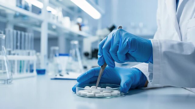 Scientist holding pill with tweezers in laboratory, pharmaceutical research and drug development