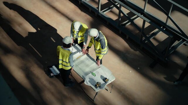 High Angle View of Three Architects and Engineers in Hard Hats Studying Blueprints and Comparing Drawings While Planning the Next Stage of an Apartment Building Real Estate Development. 