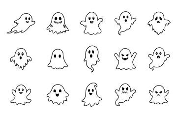 Fototapeta premium Set of cute Halloween ghost characters with outlined style vector icon in various poses.