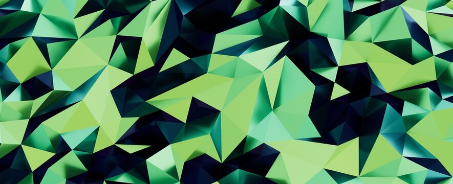 Geometric background with low poly triangles in shades of green.