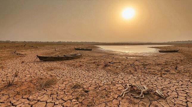 Dried up lake bed with cracked earth and stranded wooden boats. Animal skeleton on dry ground during severe drought crisis