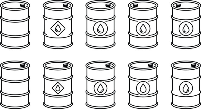 Industrial oil drum barrel line icon set featuring petroleum energy fuel resource container symbols for commodity market illustration